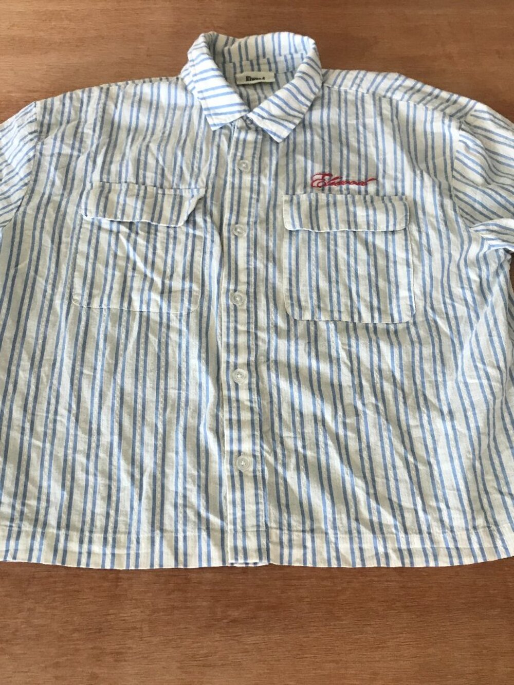 Elwood Work Shirt Men S Blue Striped Button Up Chest Pocket Short Sleeve 19844